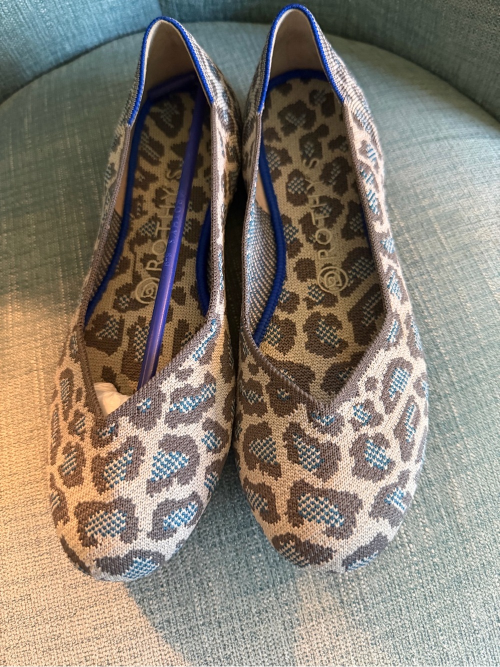 Rothy's Beige Leopard Flats with Blue Trim - Picture 2 of 3